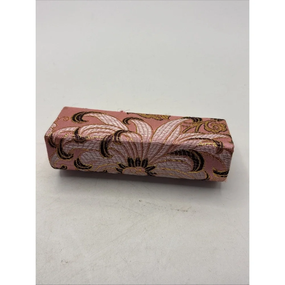 Vtg Chinese Pink & Gold Silk Brocade Lipstick Case w/ Mirror Retro Floral